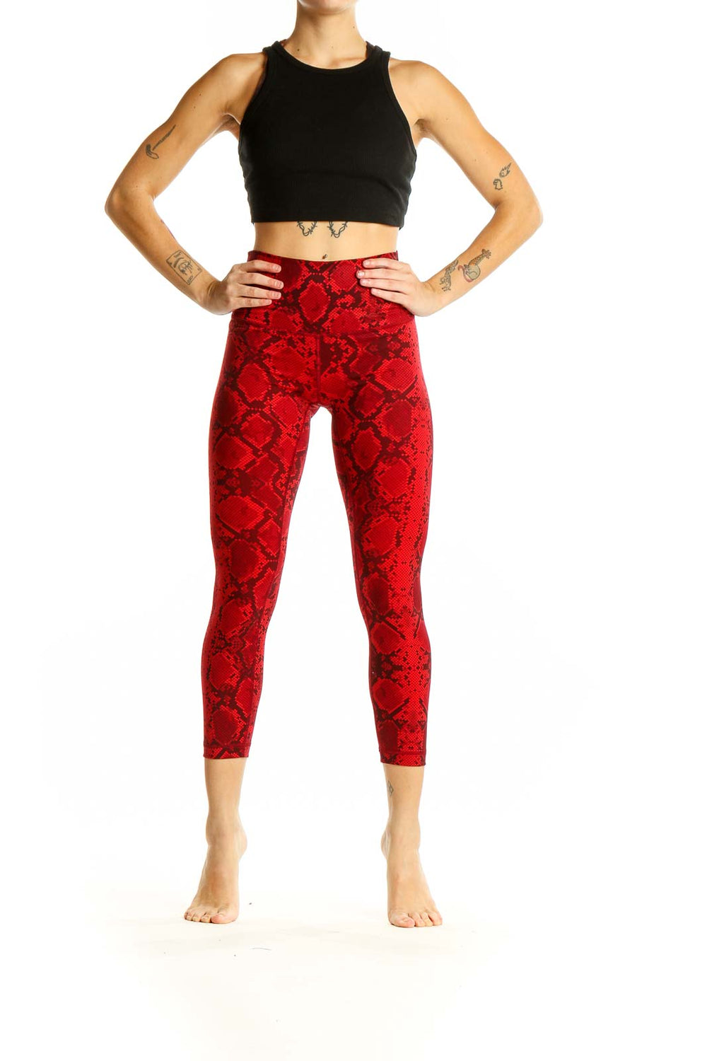 Front view of red snake print capri leggings from Lululemon