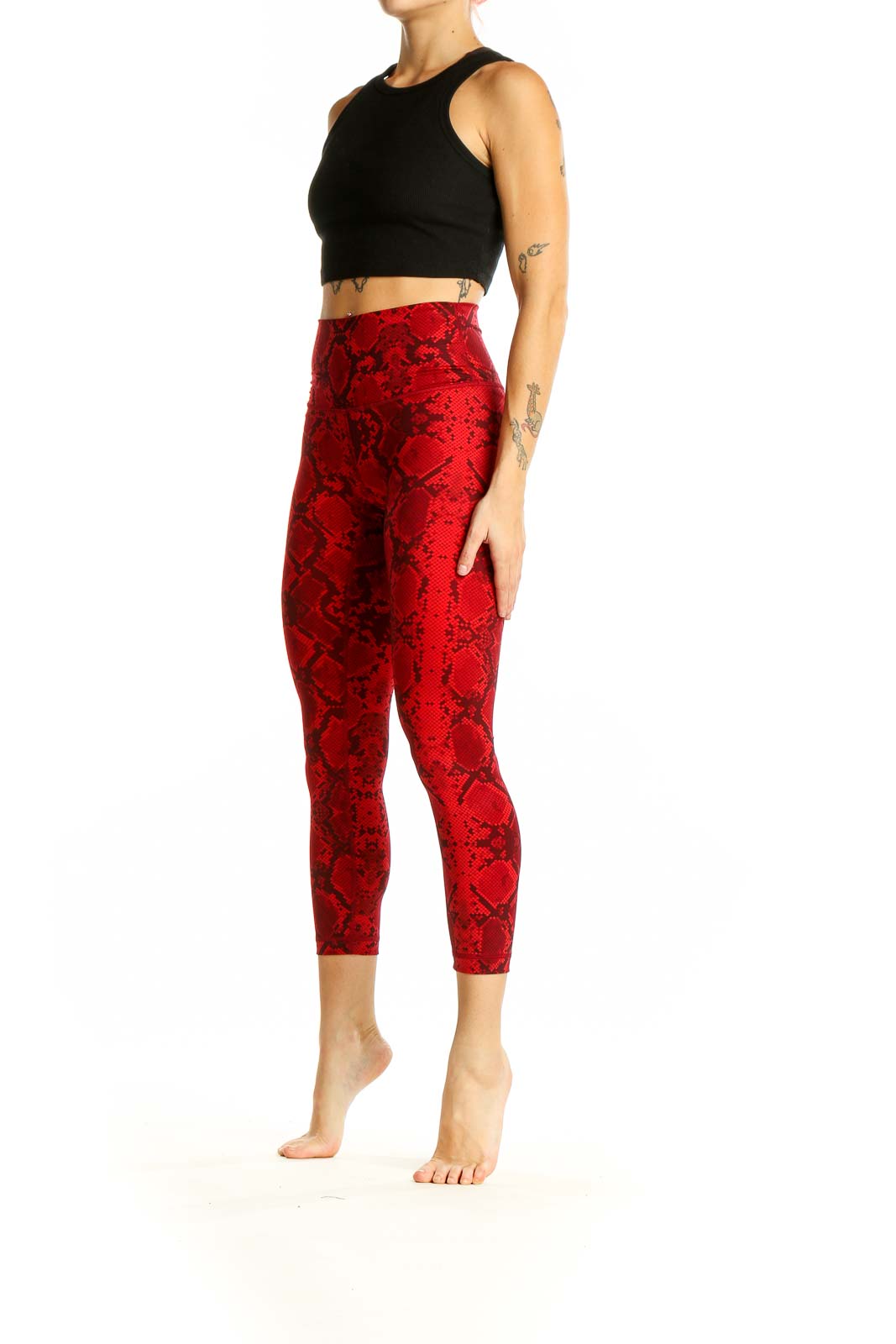 Front view of red snake print capri leggings from Lululemon