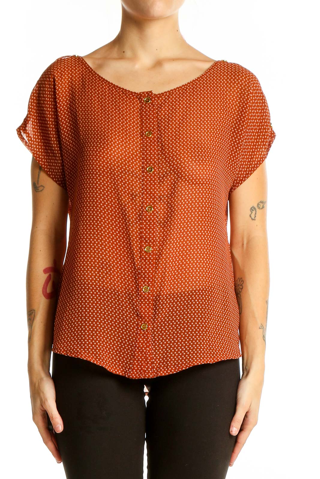 Front view of orange polka dot button-up blouse by SilkRoll