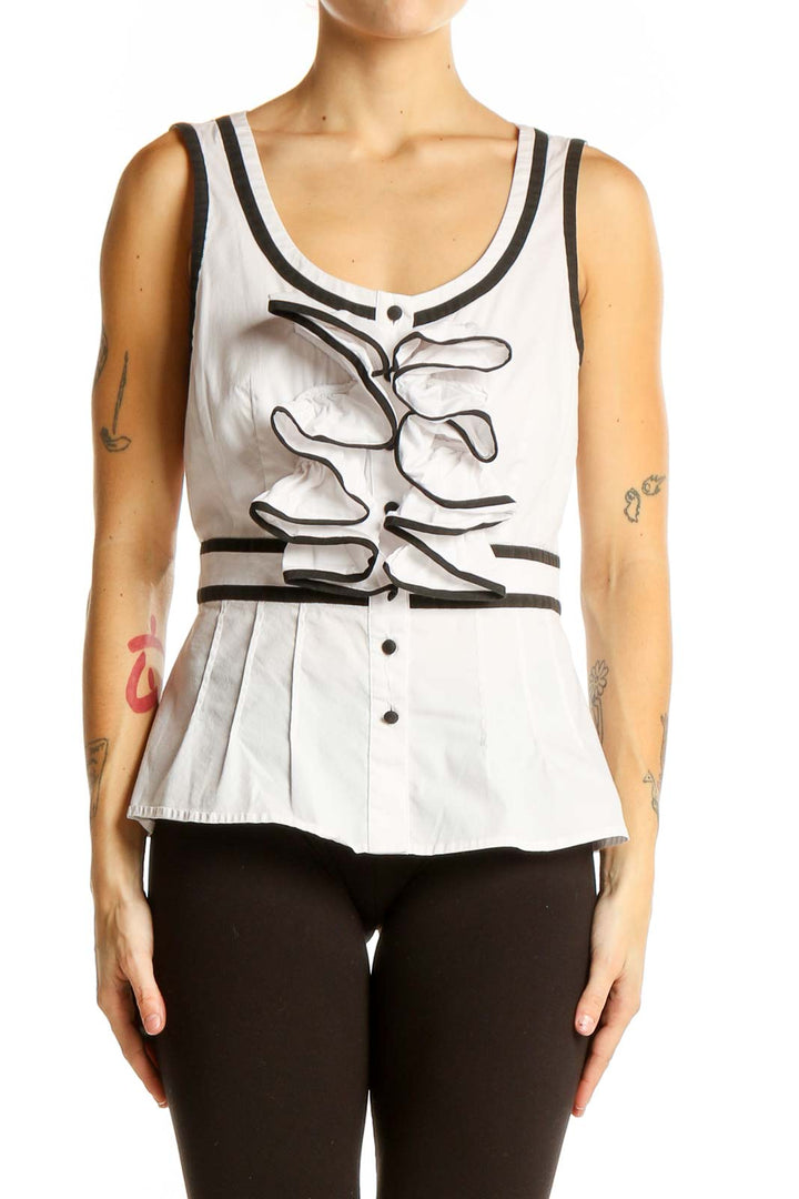 Front view of white peplum tank top with black trim and ruffles