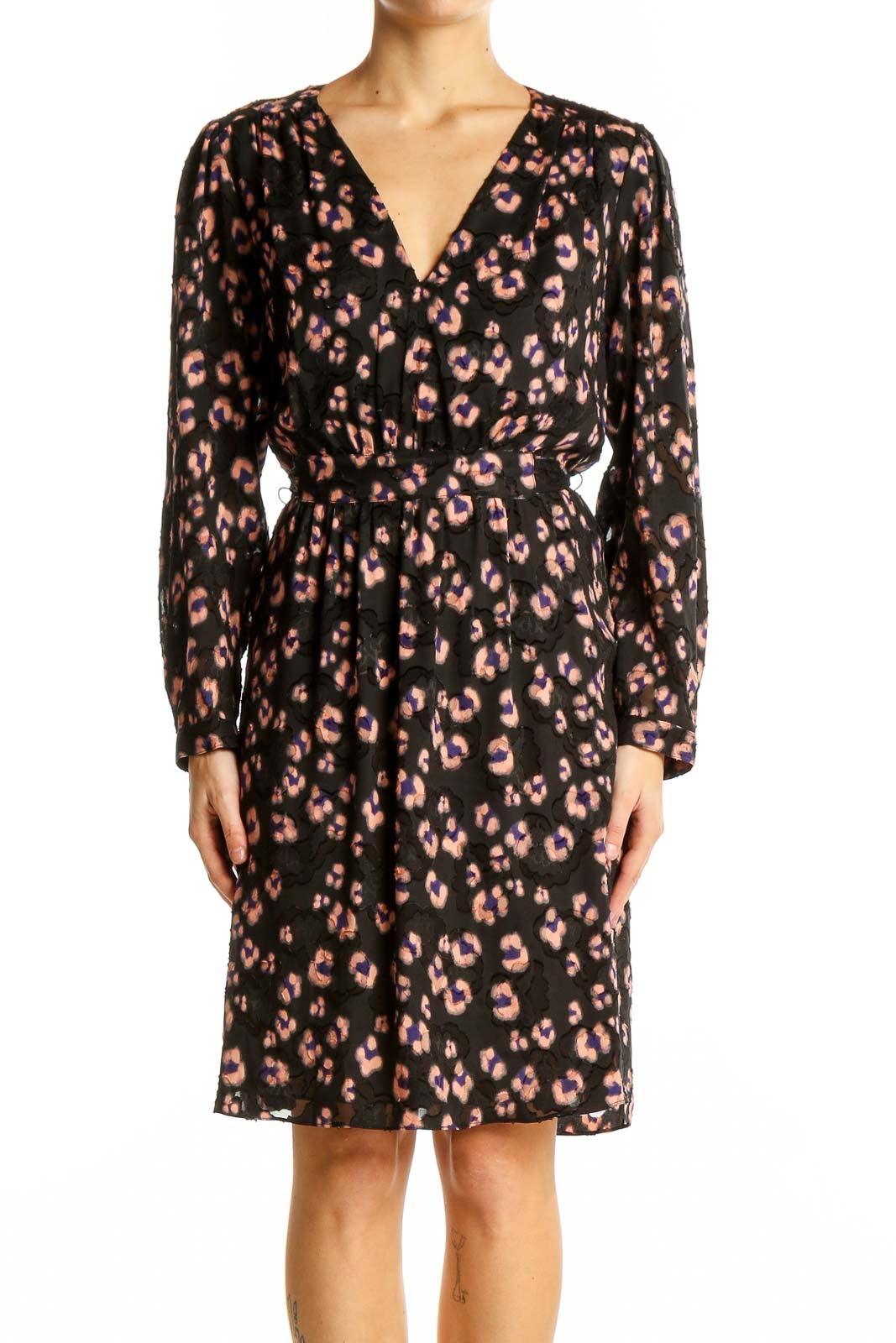 Front view of Rebecca Taylor black floral print wrap dress with V-neckline