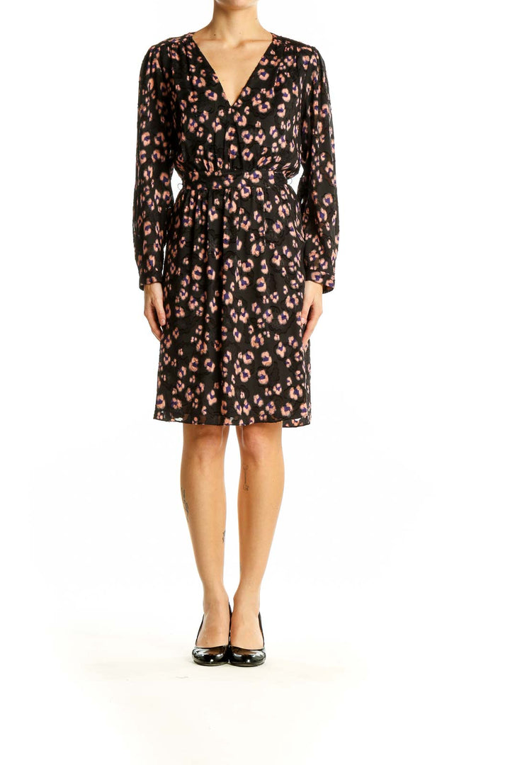 Front view of Rebecca Taylor black floral print wrap dress with V-neckline