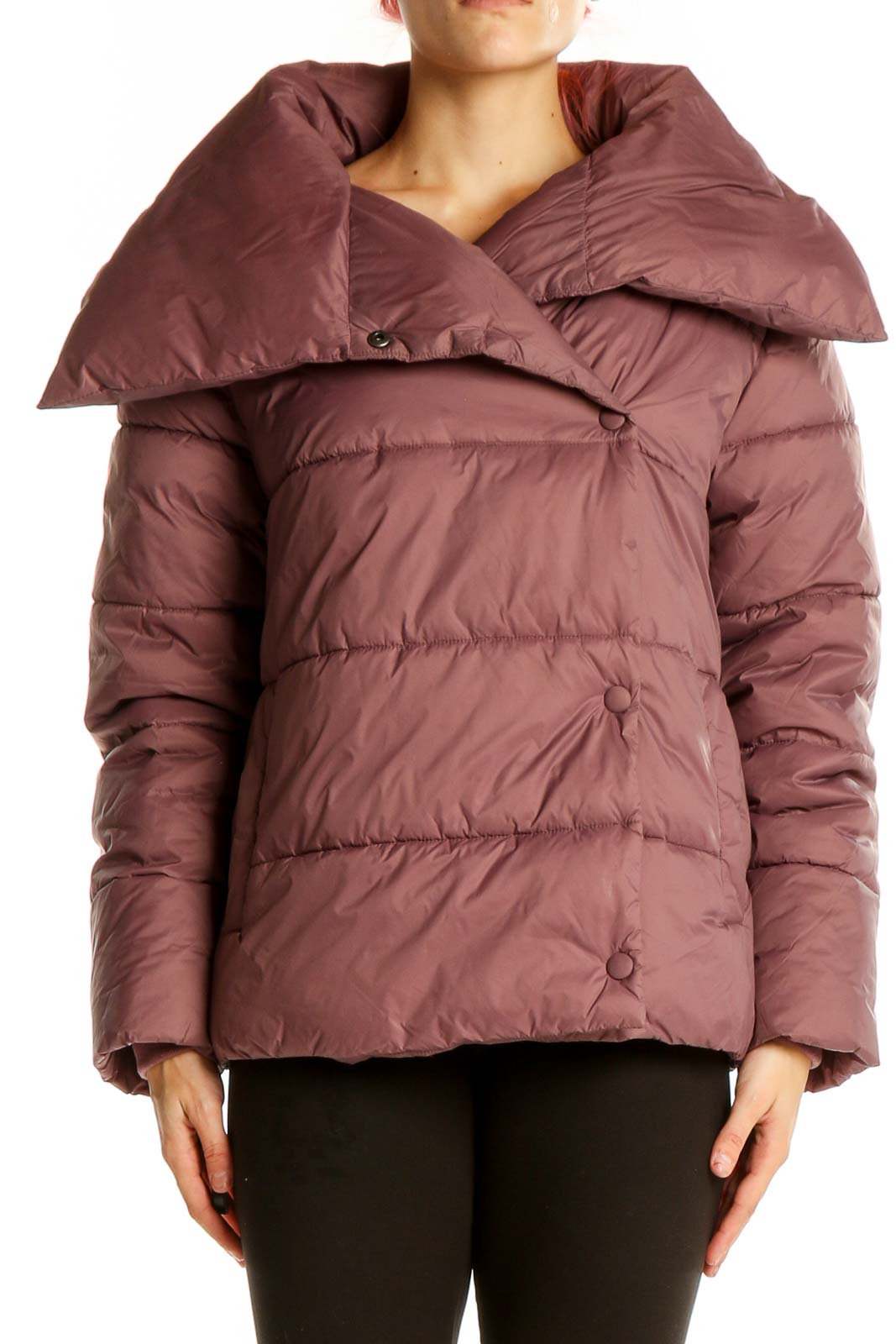 Front view of mauve Banana Republic puffer jacket with oversized collar