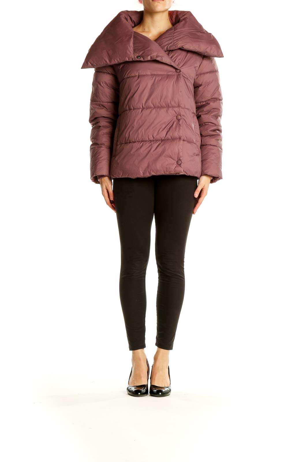 Front view of mauve Banana Republic puffer jacket with oversized collar