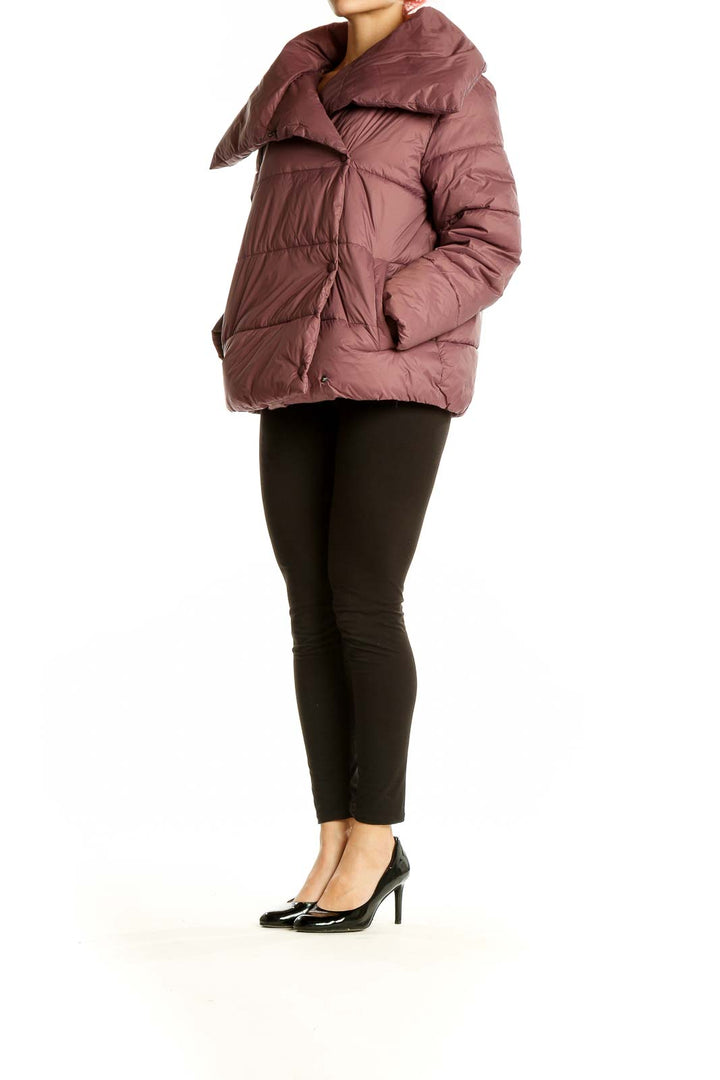 Front view of mauve Banana Republic puffer jacket with oversized collar