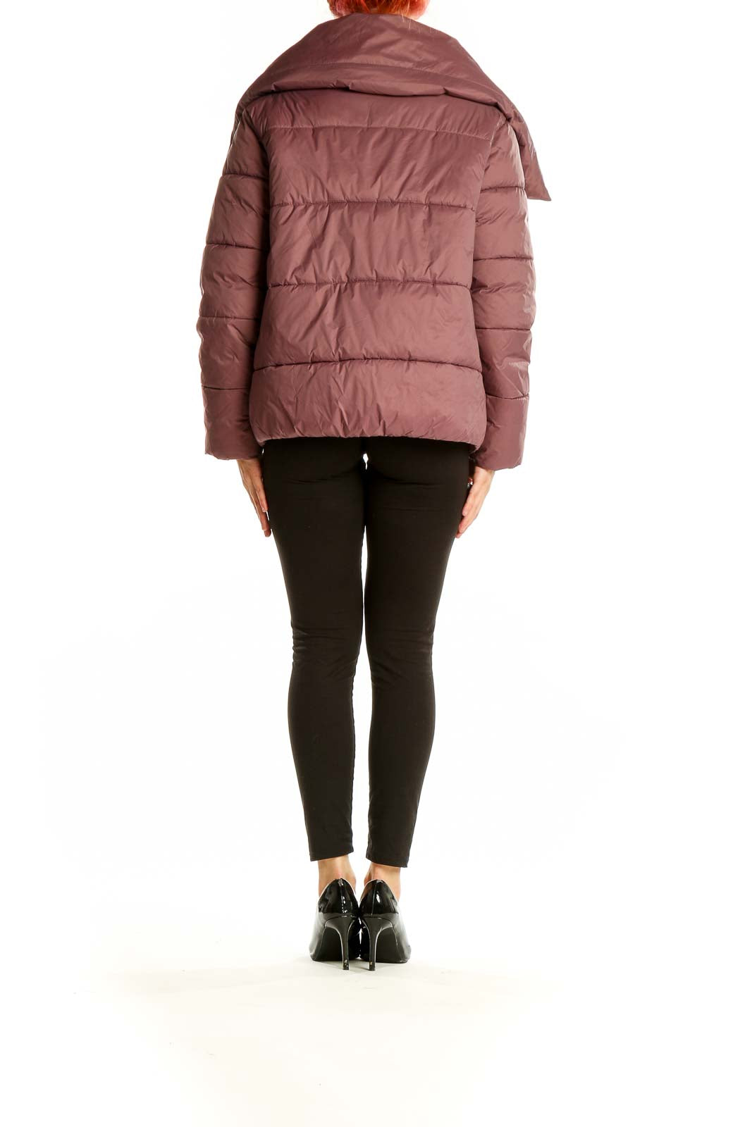 Side view of mauve Banana Republic puffer jacket on model