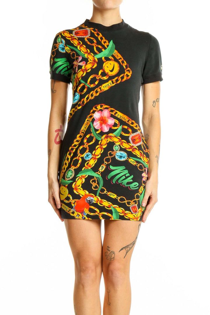 Front view of Nike Black Floral Chain Print Mini Dress with vibrant all-over design