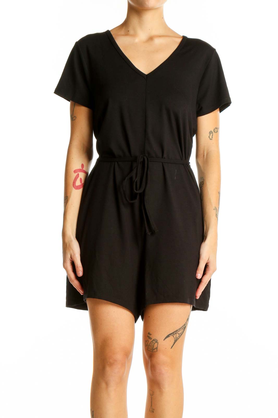 Front view of Black Tape V-neck romper with drawstring waist