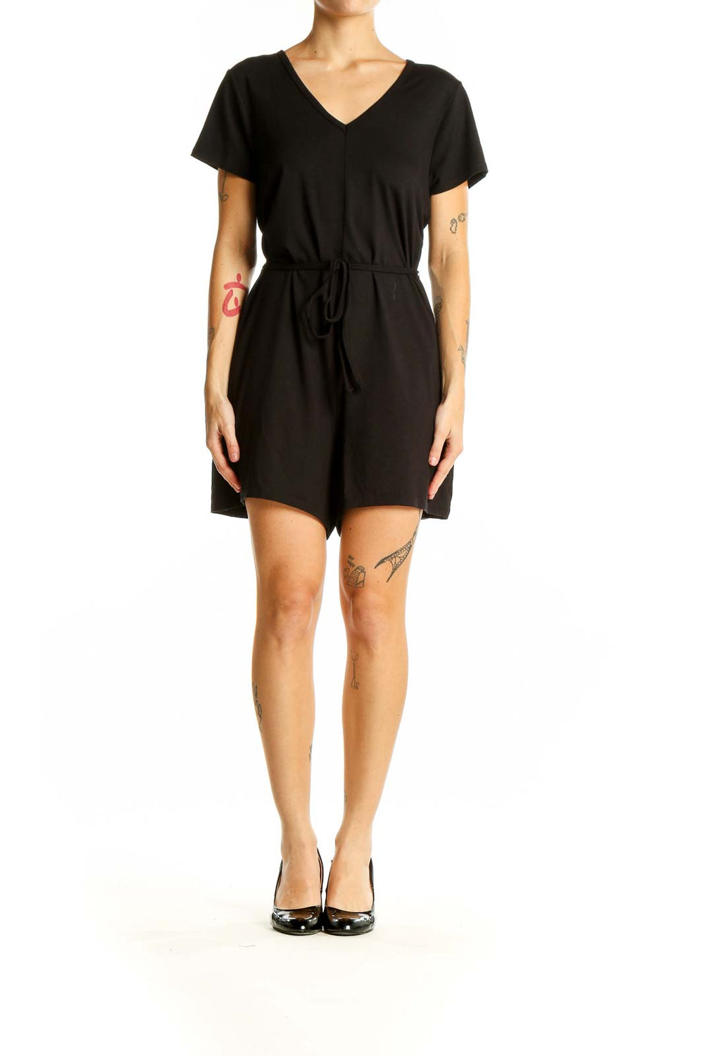 Front view of Black Tape V-neck romper with drawstring waist