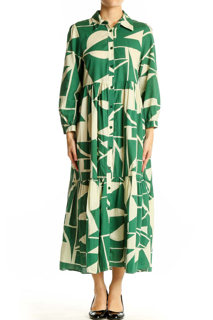 Front view of Zara green geometric print maxi shirt dress with tiered design