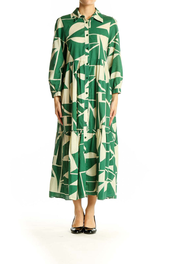 Front view of Zara green geometric print maxi shirt dress with tiered design