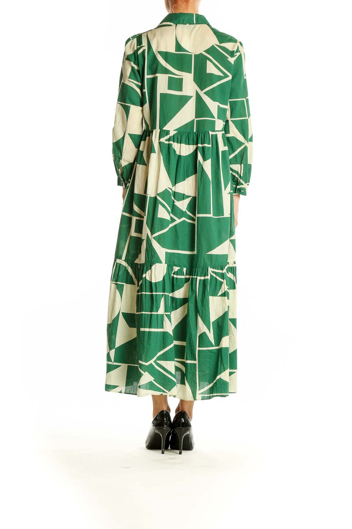 Side view of Zara green geometric print maxi shirt dress showing full length and silhouette