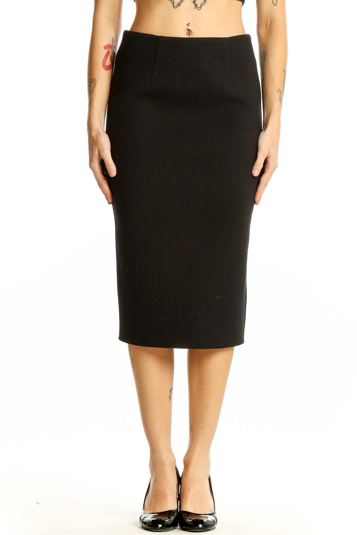 Front view of Six Crisp Days black ribbed midi pencil skirt