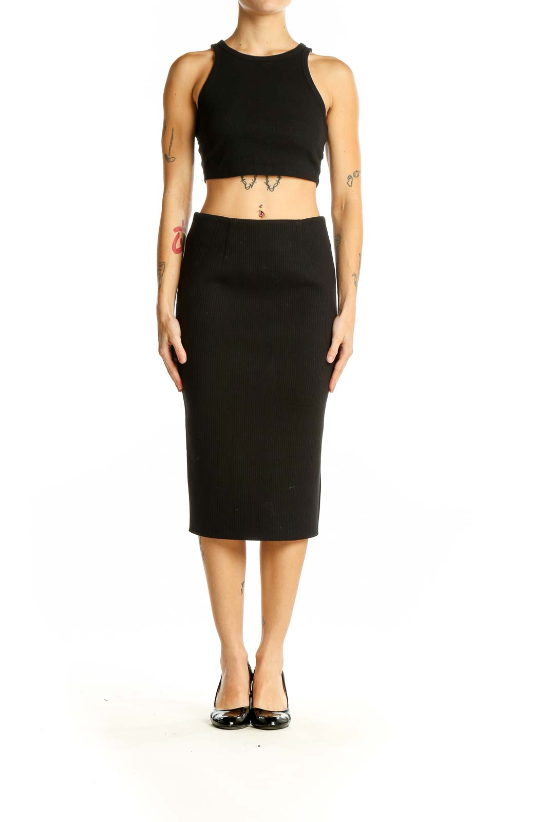 Front view of Six Crisp Days black ribbed midi pencil skirt