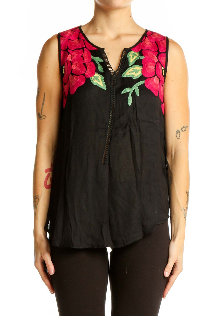 Front view of Floreat Black Sleeveless Top with Red Floral Embroidery