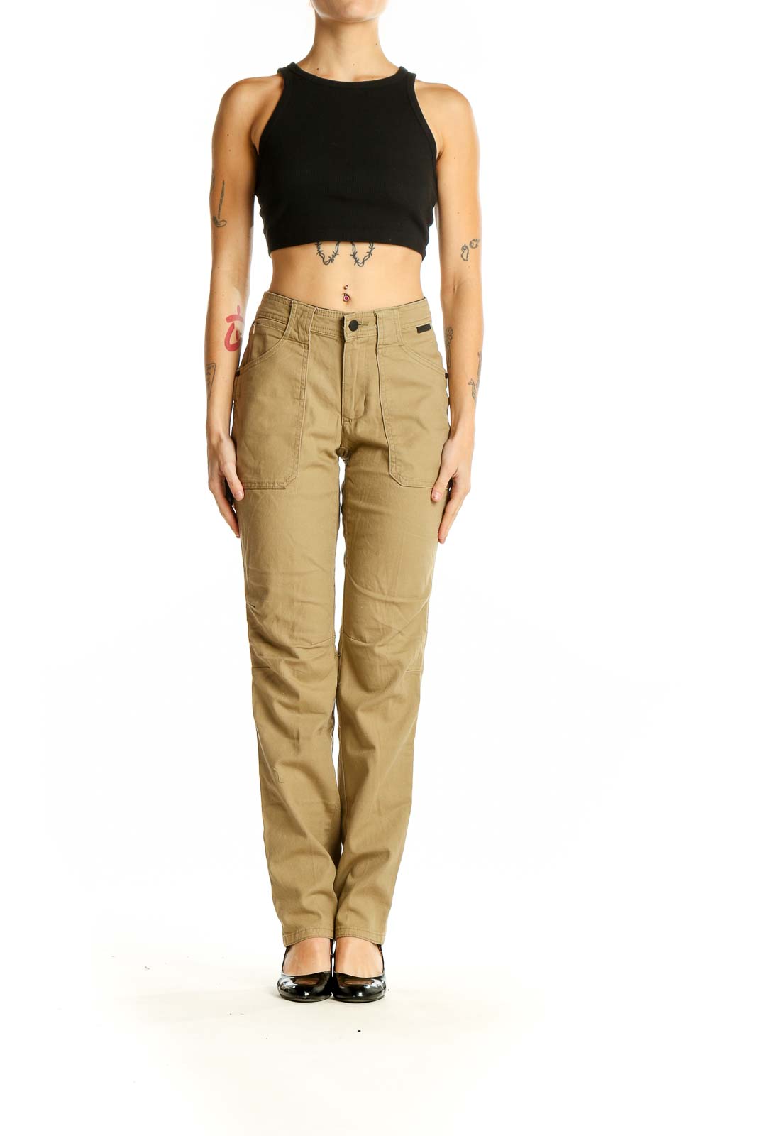 Front view of Wrangler khaki straight leg pants