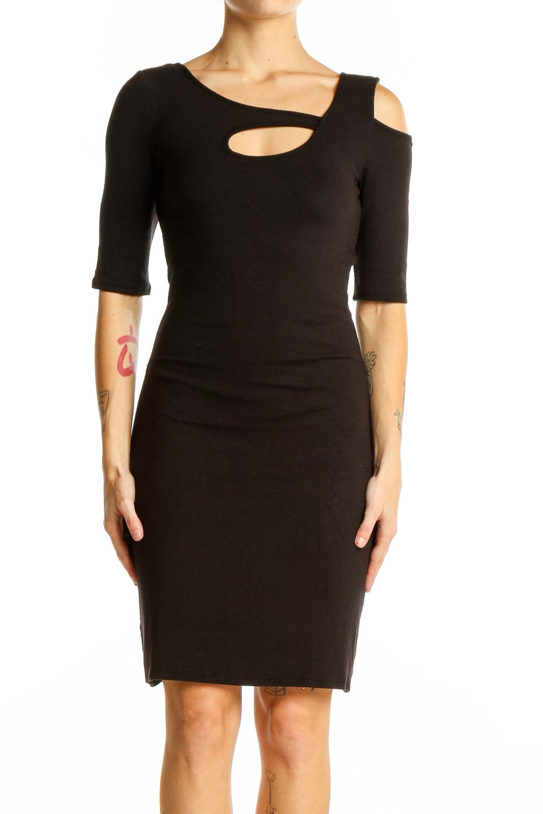 Front view of GOLDRAY black bodycon dress with asymmetric neckline and cut-out detail