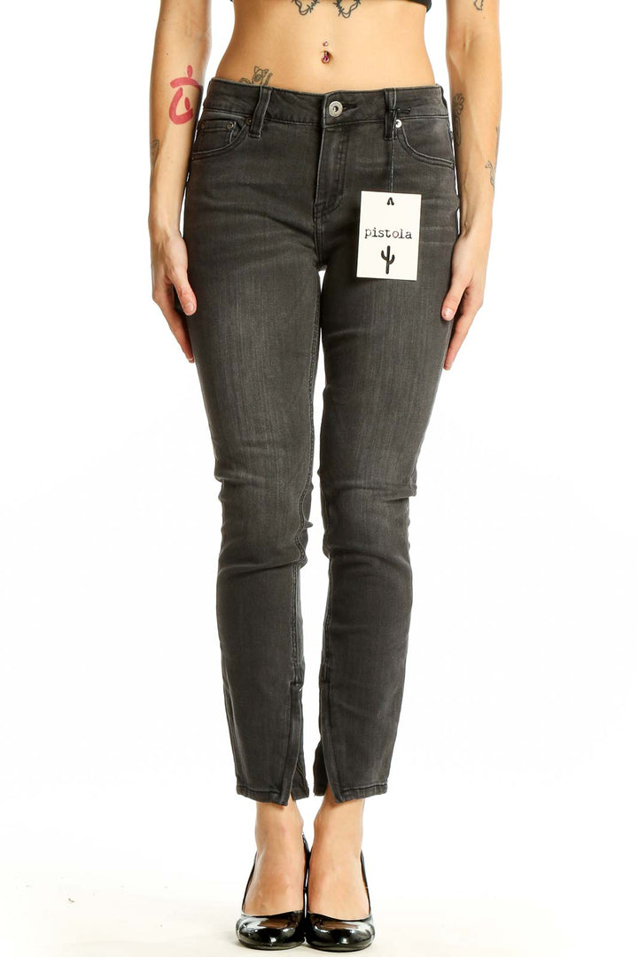 Front view of Pistola charcoal gray slim fit ankle jeans