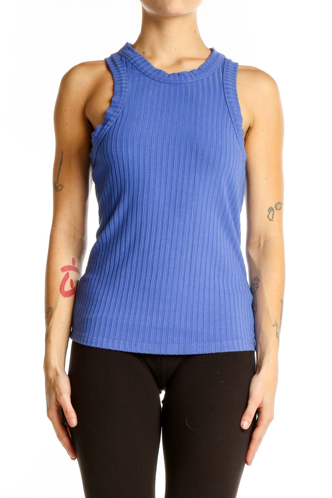 Front view of blue ribbed athletic tank top from Free People Movement