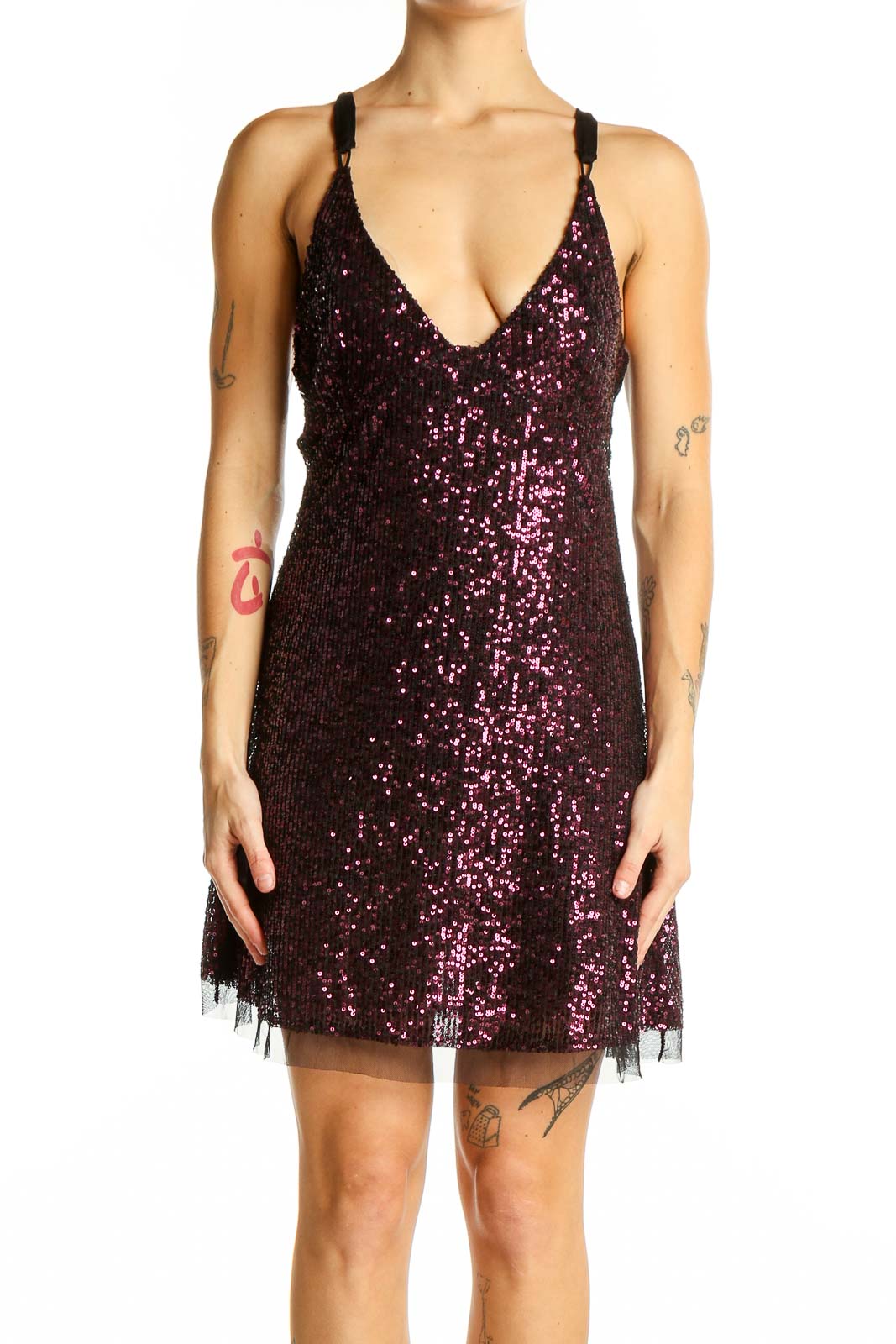 Front view of purple sequin mini dress with V-neckline and spaghetti straps