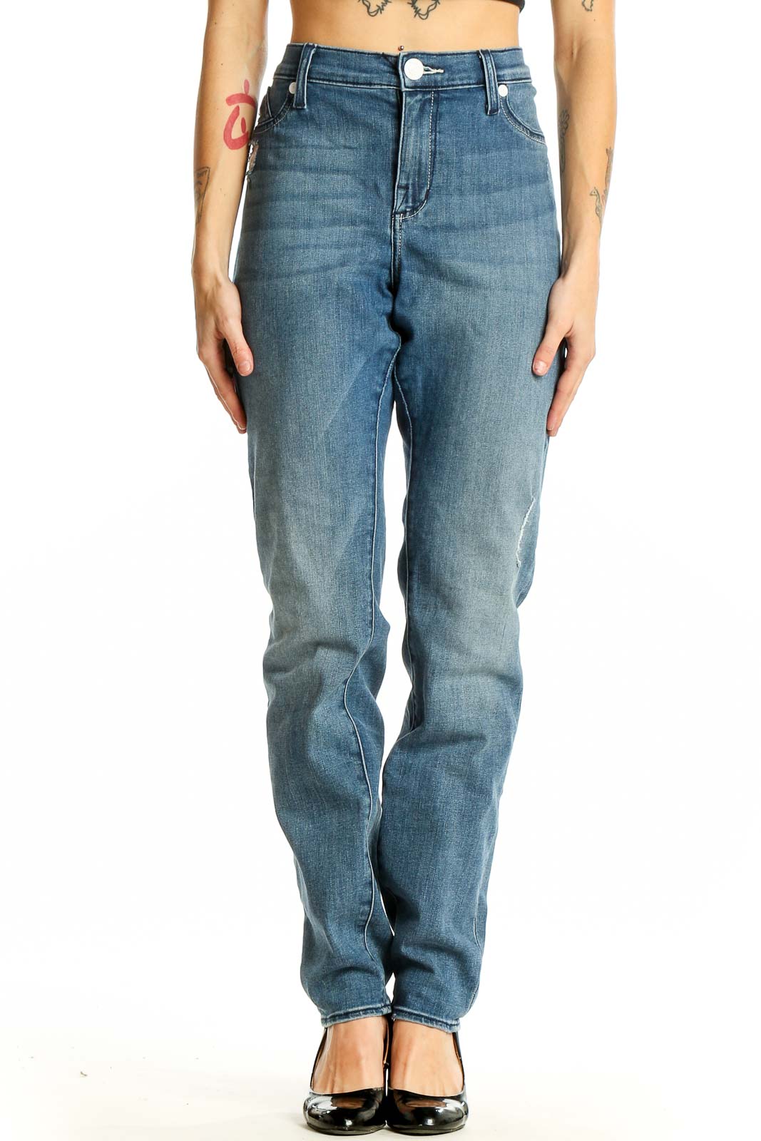 Front view of Rock & Republic straight leg jeans in medium blue wash