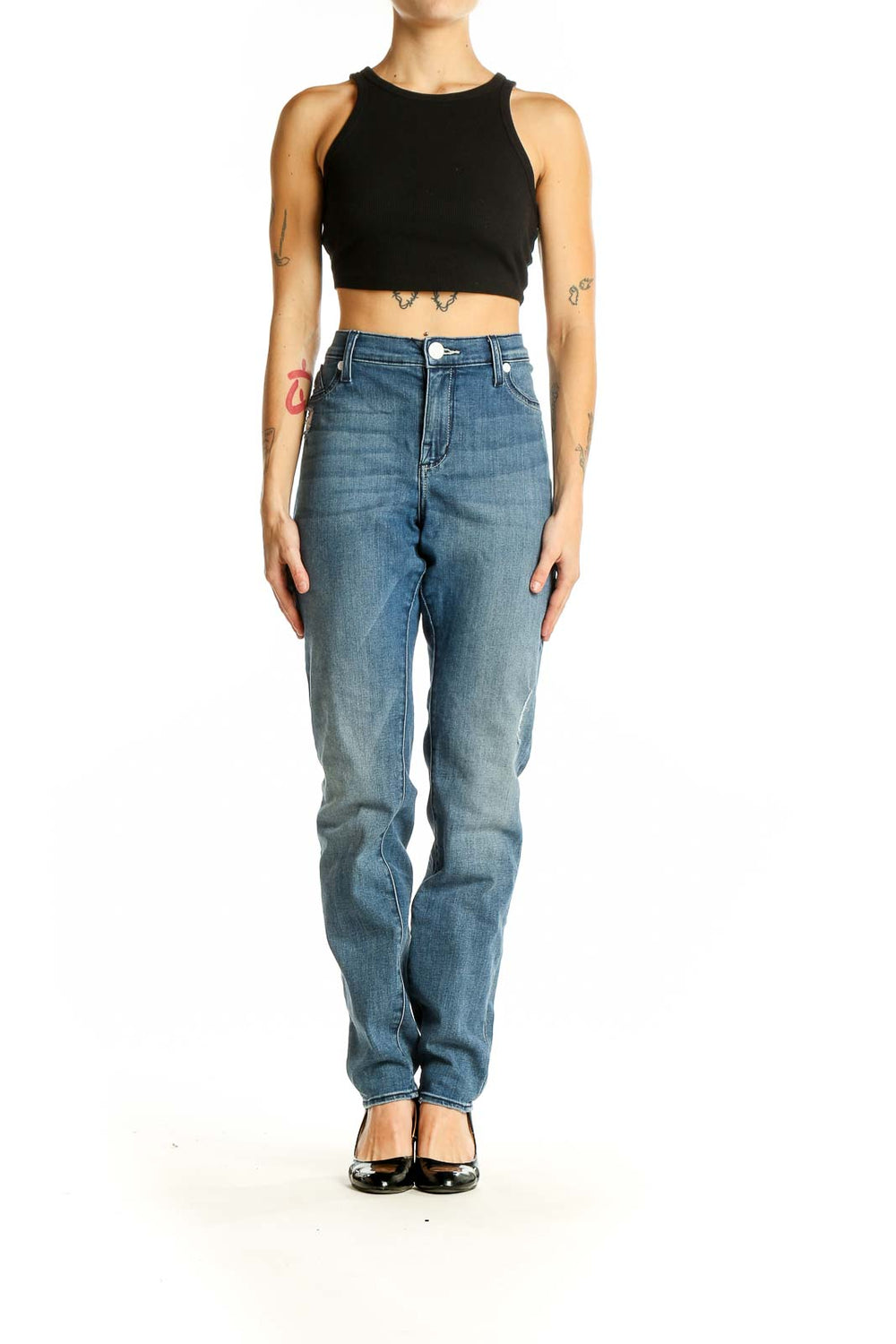 Front view of Rock & Republic straight leg jeans in medium blue wash