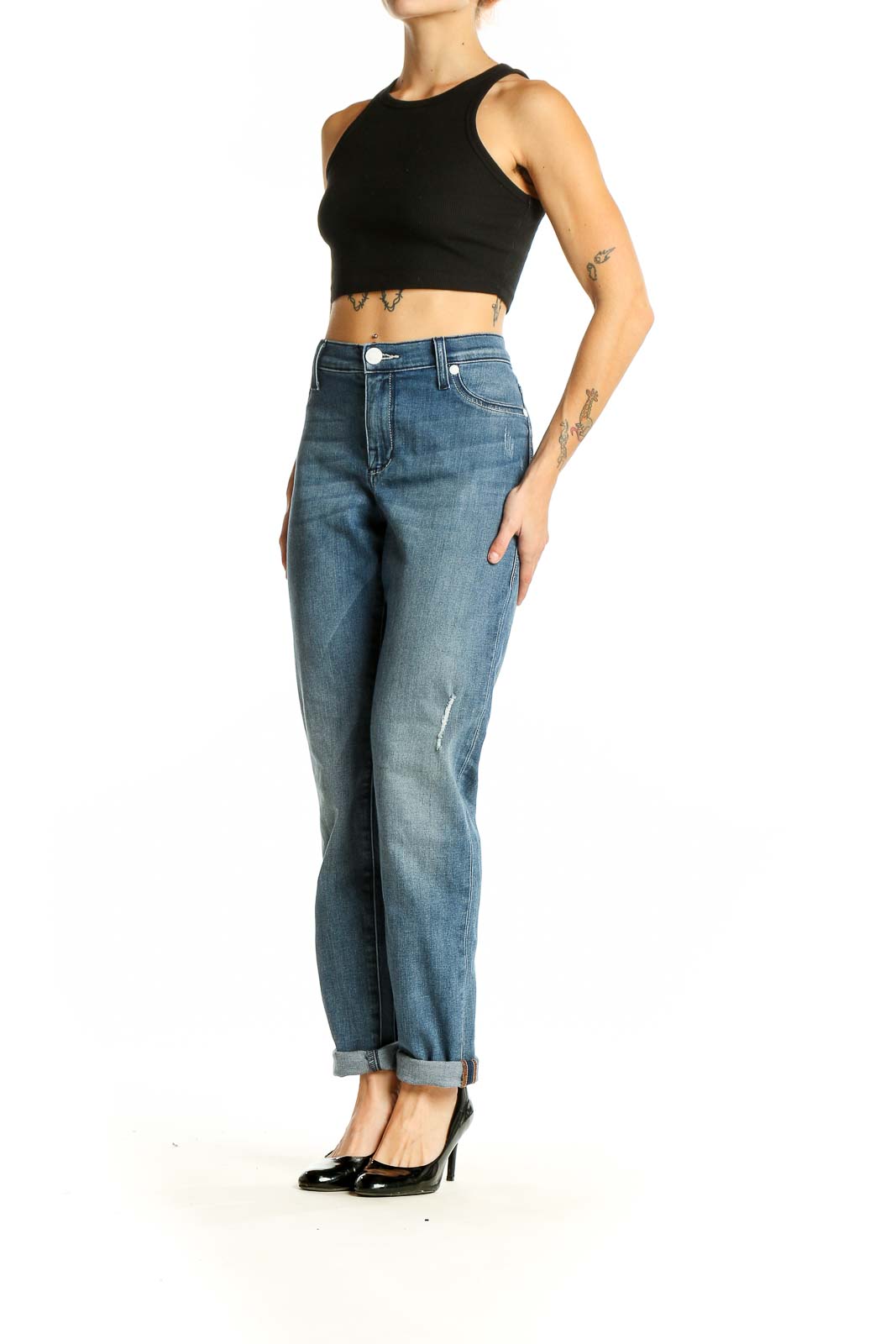 Front view of Rock & Republic straight leg jeans in medium blue wash