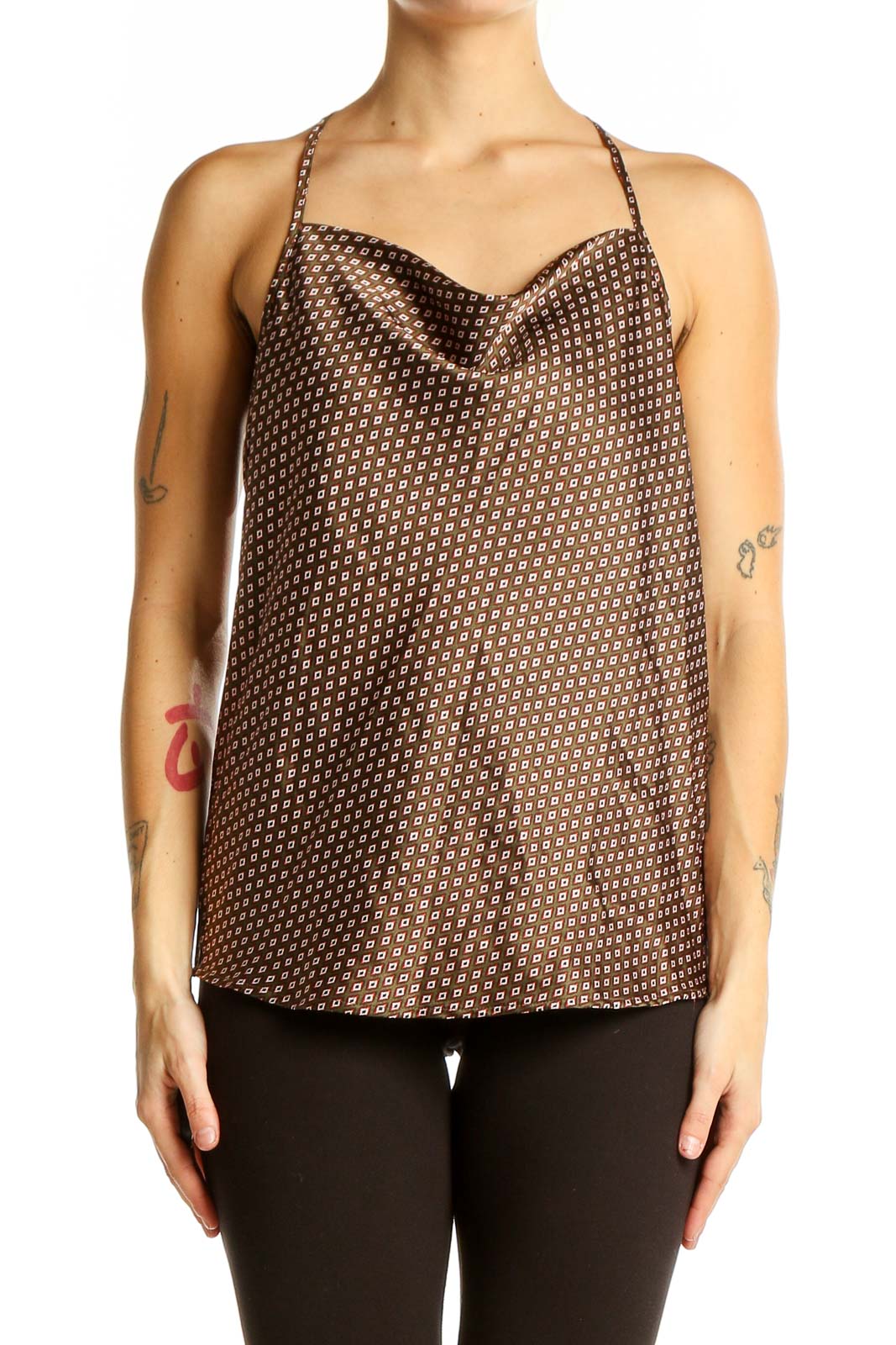 Front view of Pleione brown geometric print halter camisole with cowl neckline