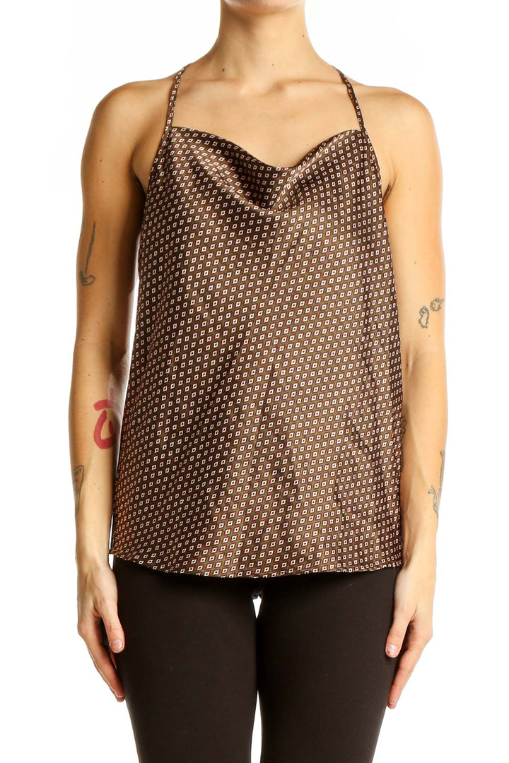 Front view of Pleione brown geometric print halter camisole with cowl neckline