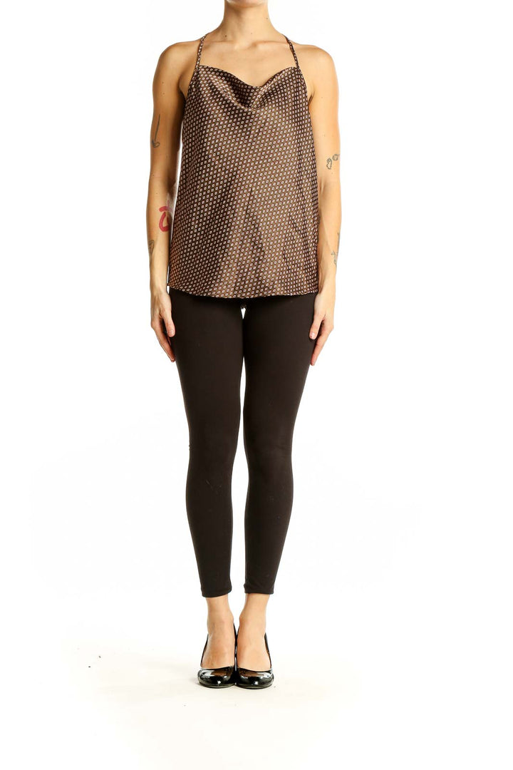 Front view of Pleione brown geometric print halter camisole with cowl neckline