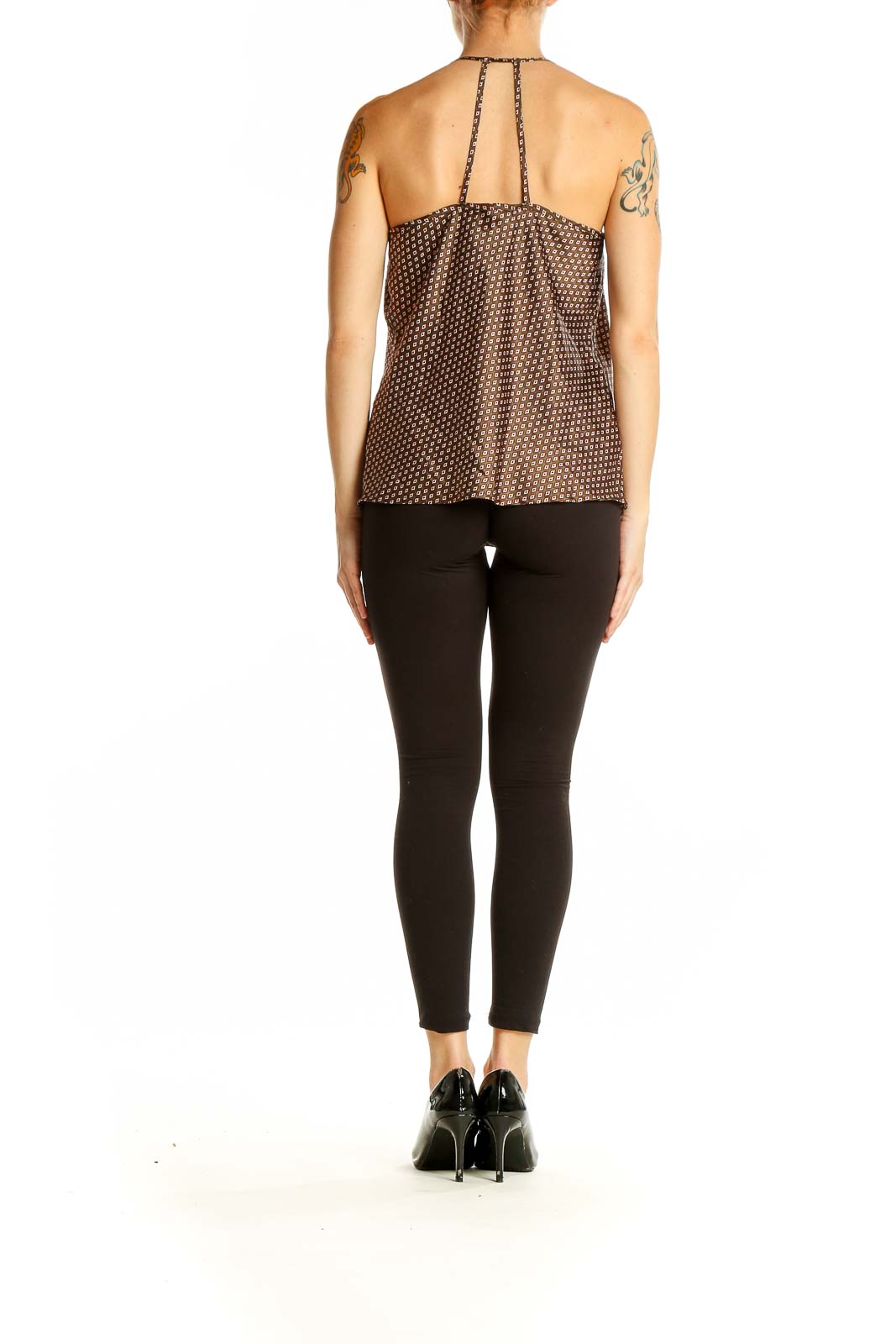 Side view of Pleione brown geometric print halter camisole showing drape and fit