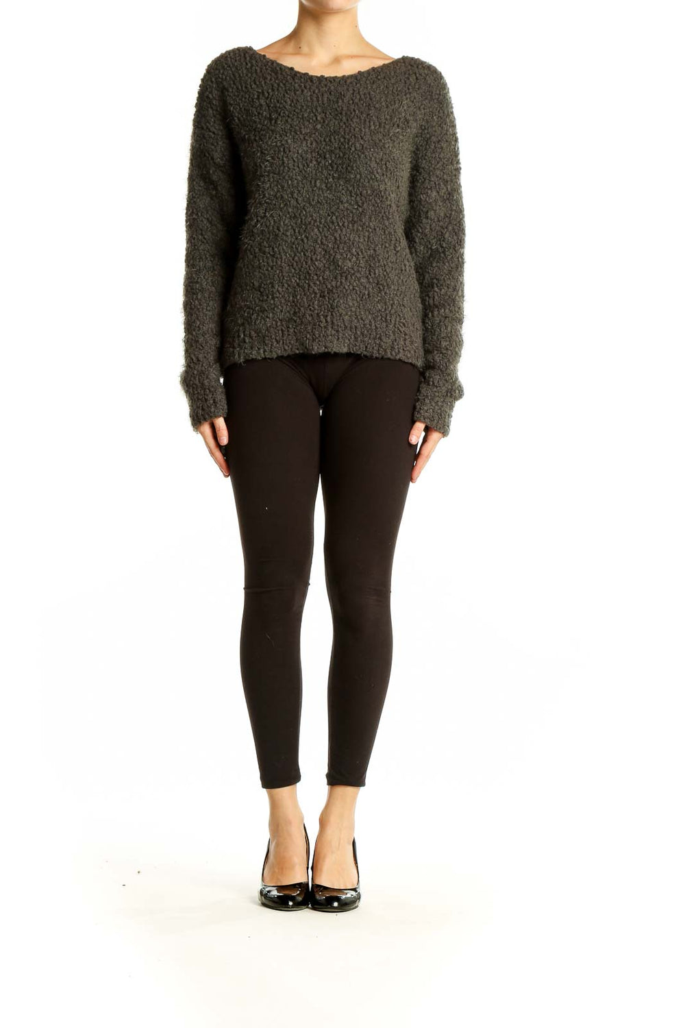 Front view of olive textured knit sweater from Sage, showcasing oversized fit and boat neckline