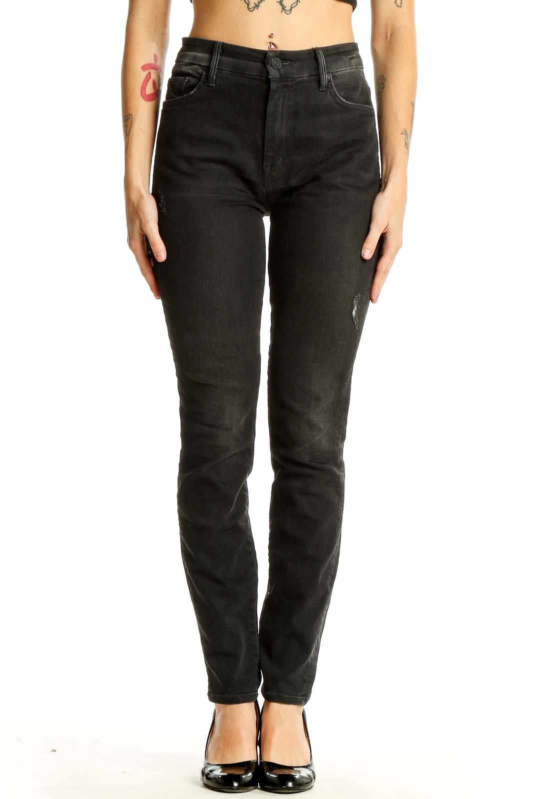 Front view of Mother black distressed straight leg jeans on model