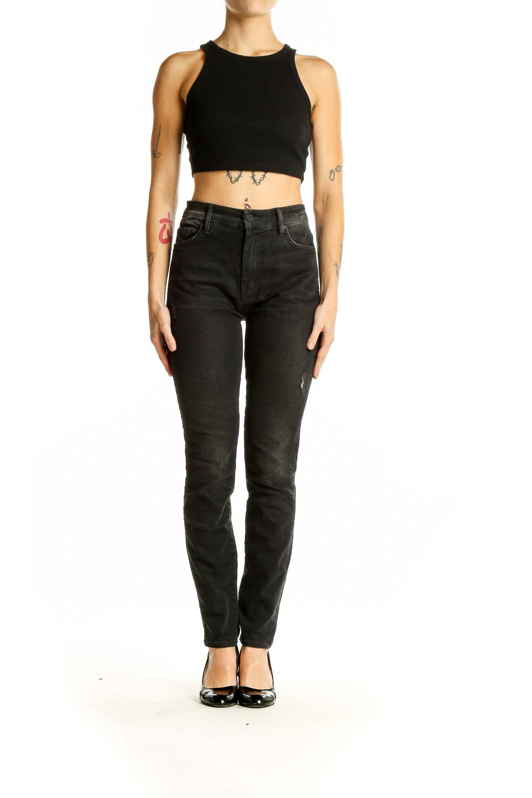 Front view of Mother black distressed straight leg jeans on model