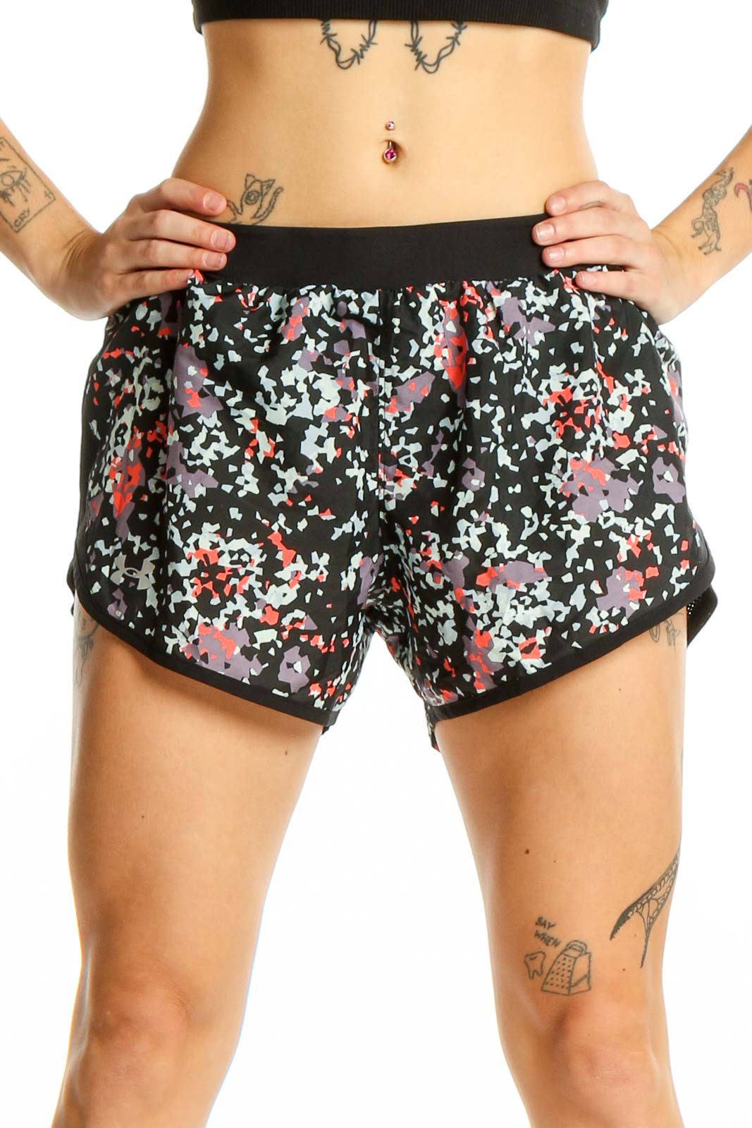 Front view of Under Armour black floral print athletic shorts