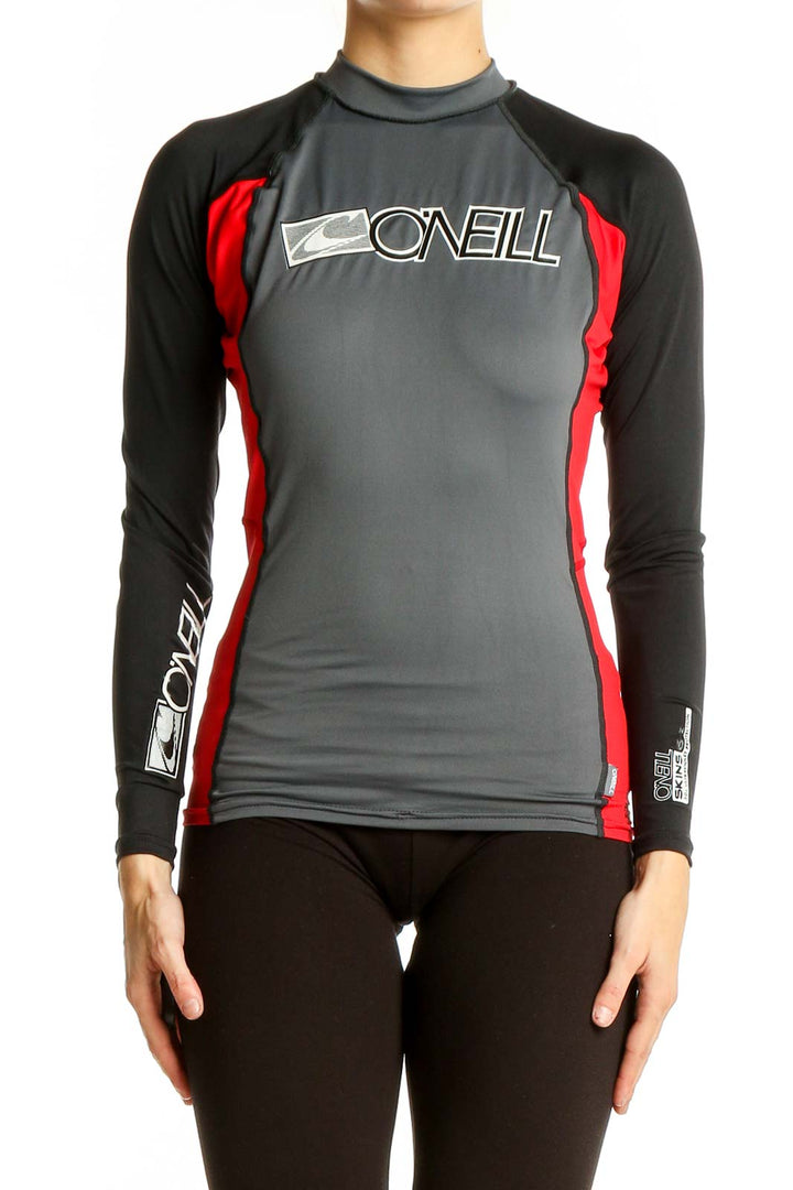 Front view of gray O'Neill rash guard with red side panels and black sleeves