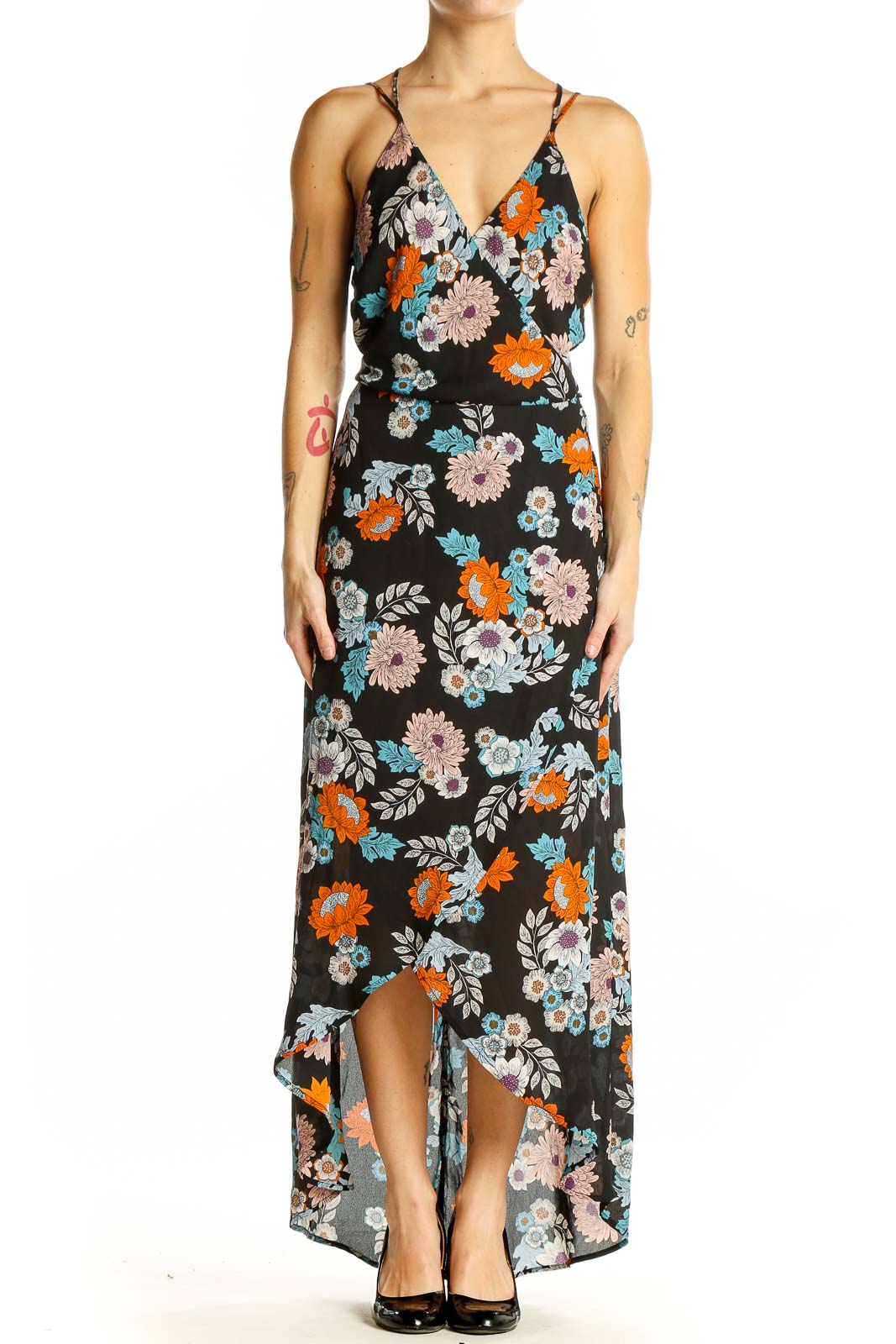 Front view of ASTR black floral maxi dress with wrap-style bodice