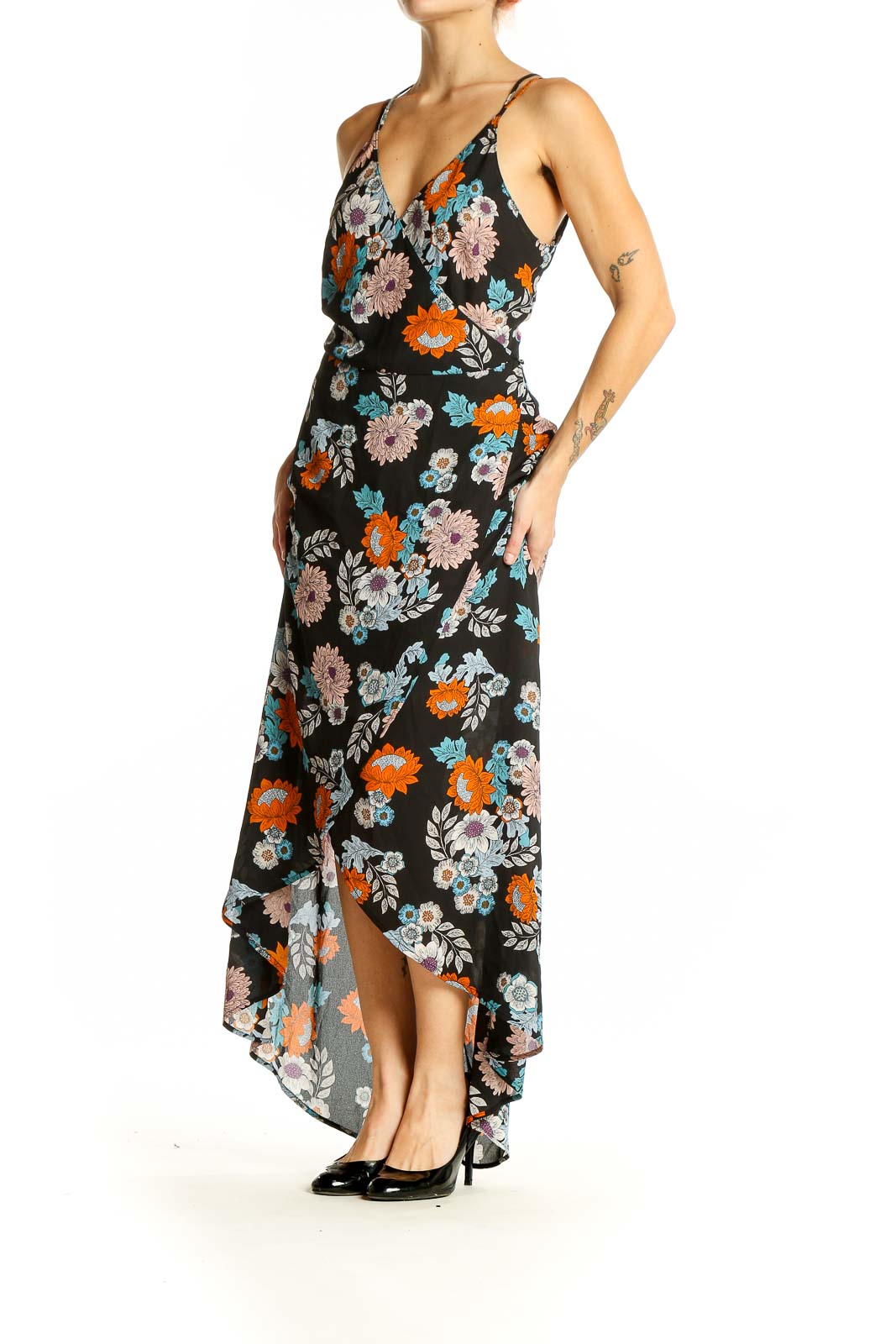 Front view of ASTR black floral maxi dress with wrap-style bodice