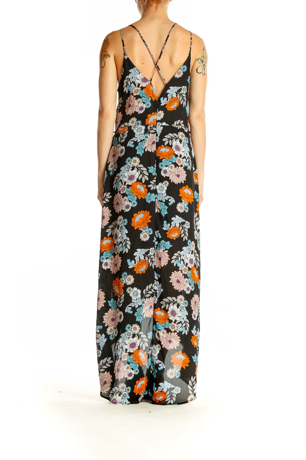 Side view of ASTR black floral maxi dress showing high-low hemline