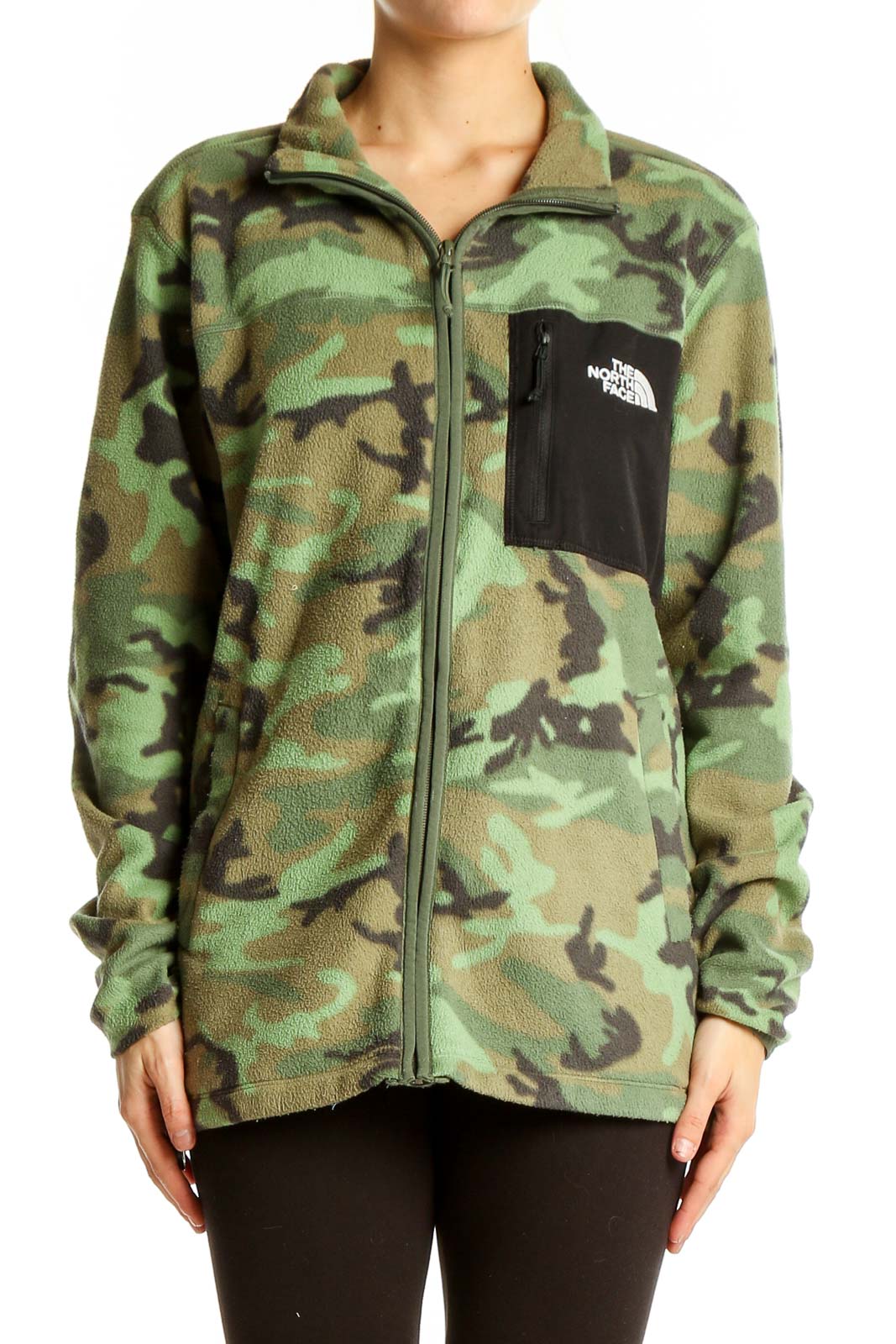 Front view of The North Face green camouflage fleece jacket with black chest pocket