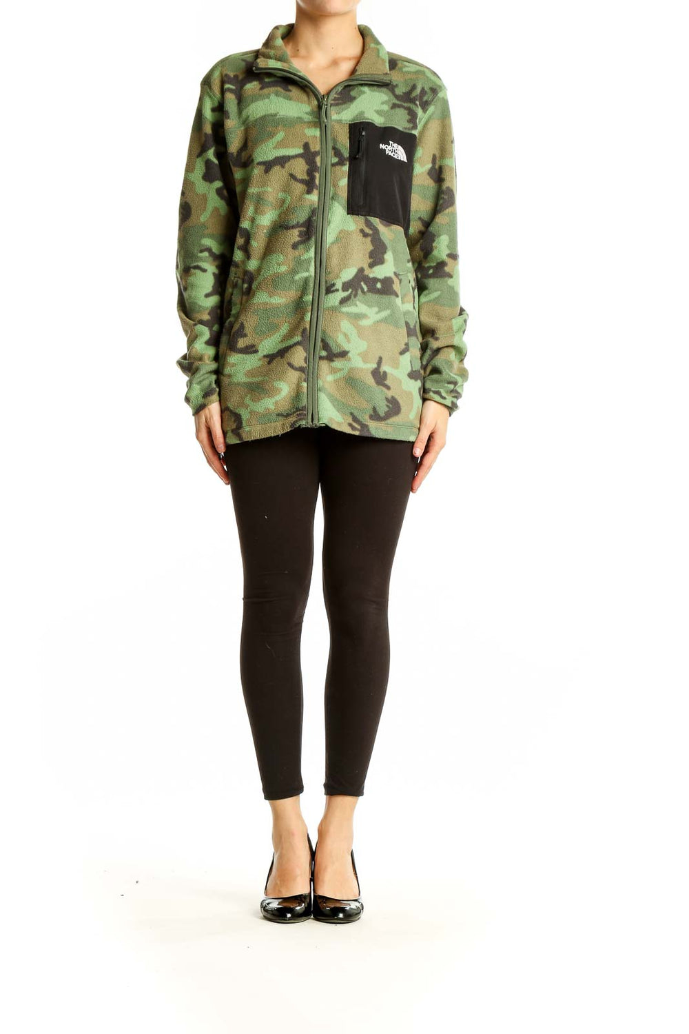 Front view of The North Face green camouflage fleece jacket with black chest pocket