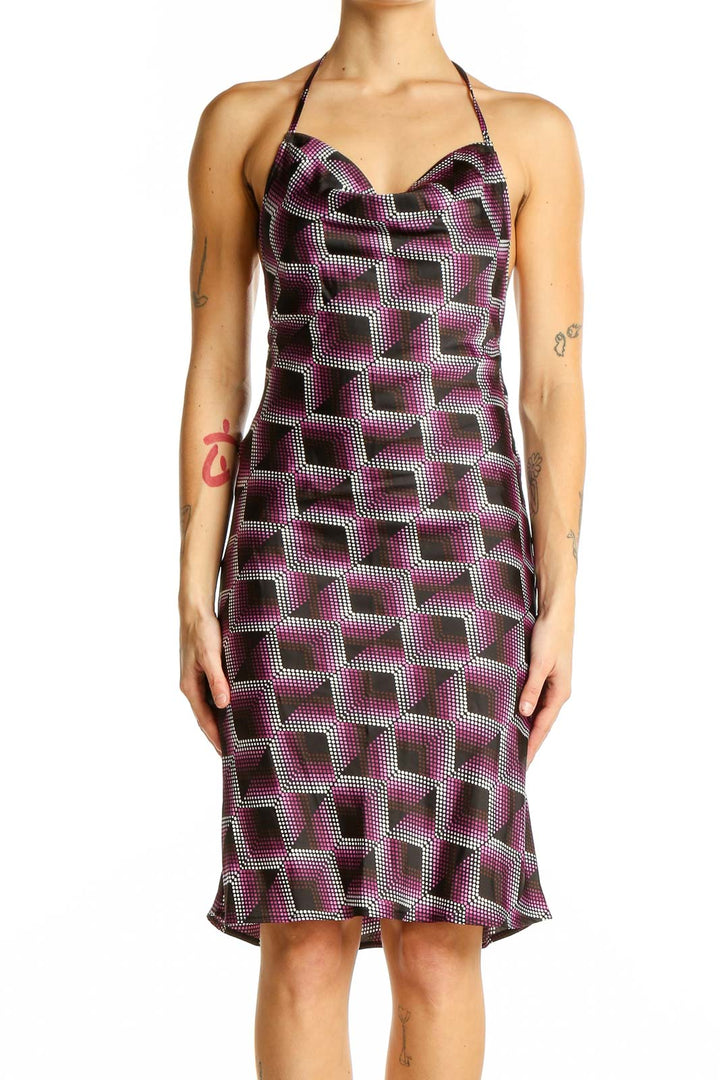 Front view of BP purple geometric print halter dress