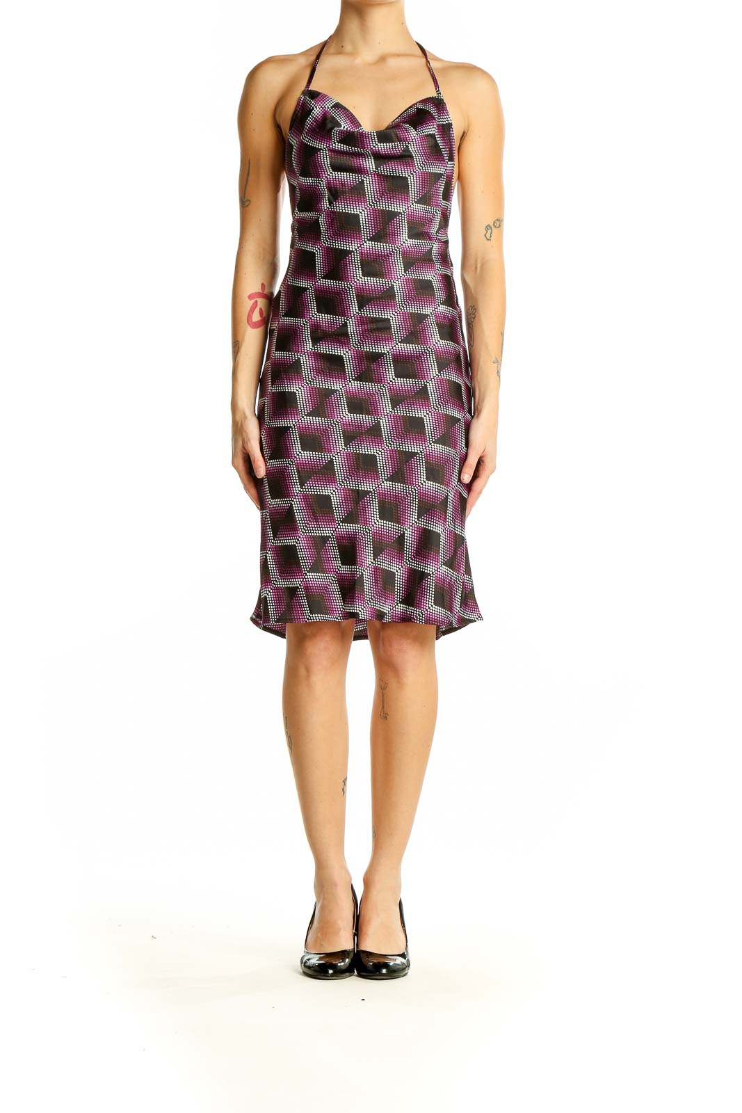 Front view of BP purple geometric print halter dress