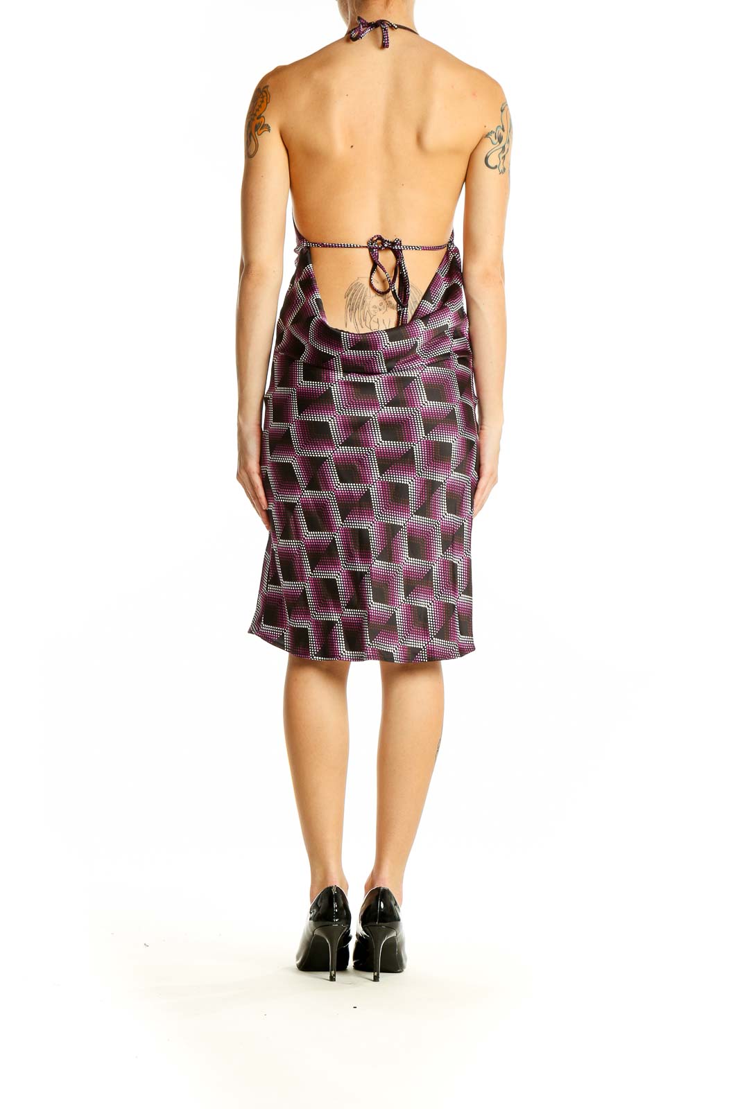 Side view of BP purple geometric print halter dress