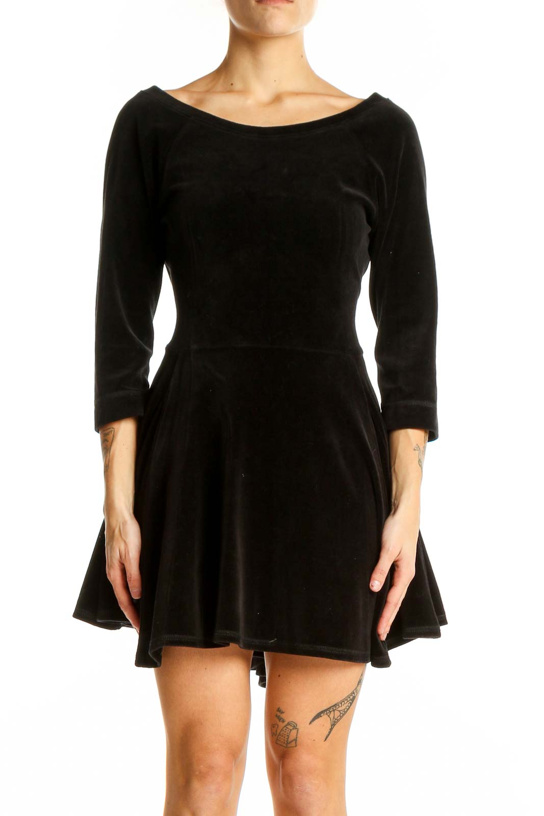 Front view of Aiko black velvet fit-and-flare mini dress with boat neckline