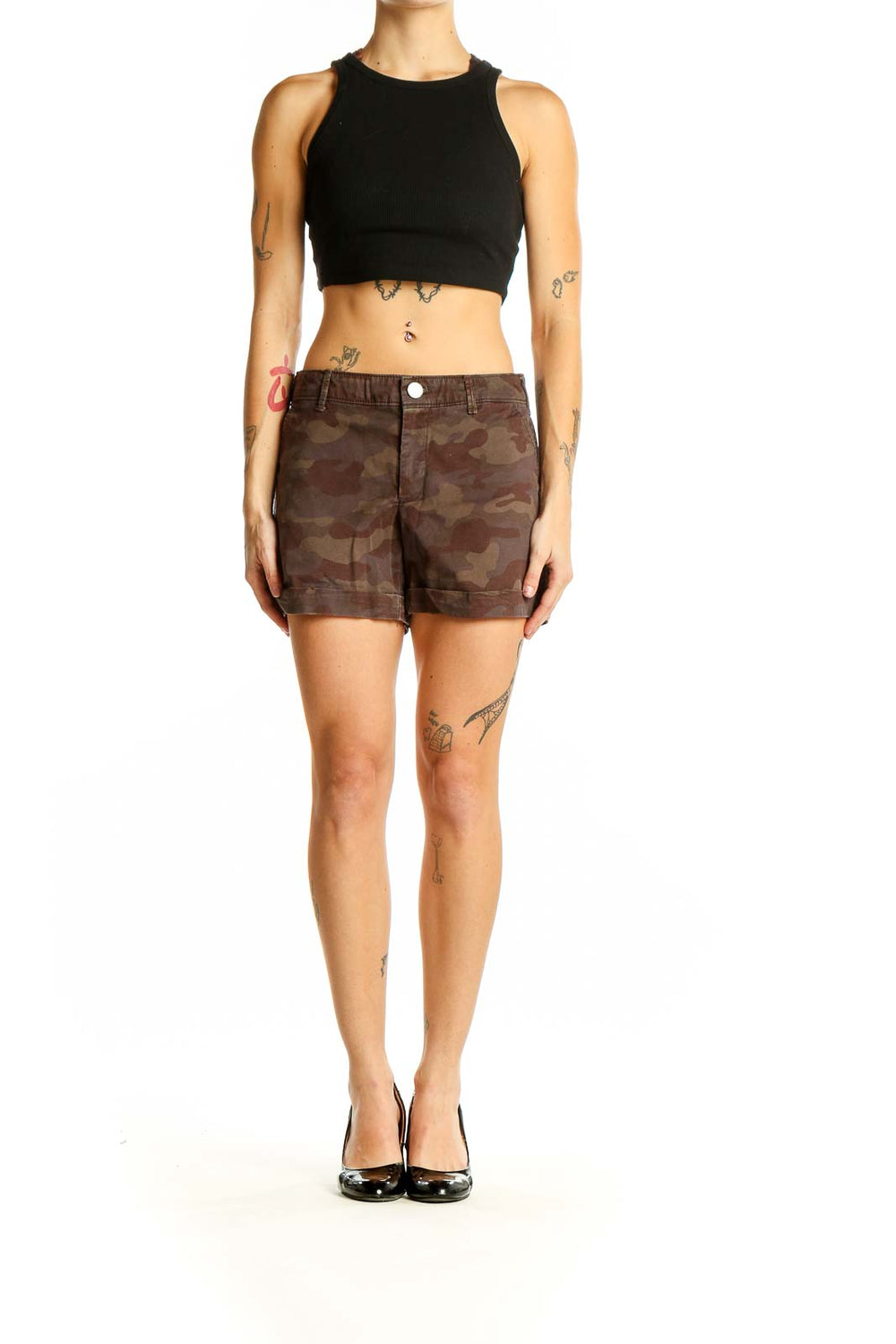 Front view of Gap brown camouflage shorts on model