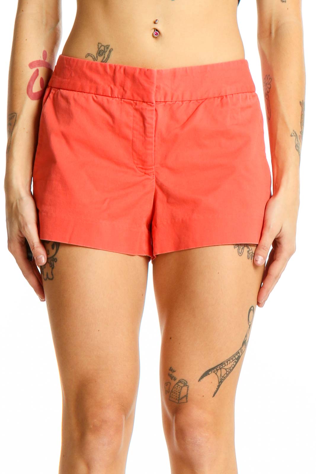 Front view of coral J.Crew cotton-spandex shorts