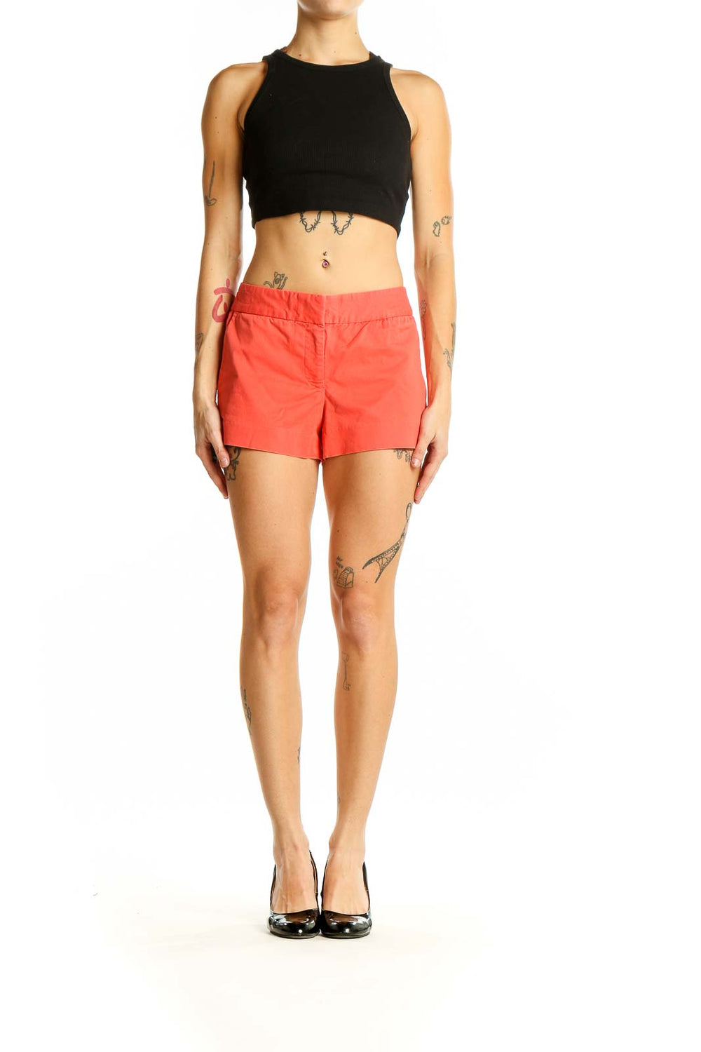 Front view of coral J.Crew cotton-spandex shorts