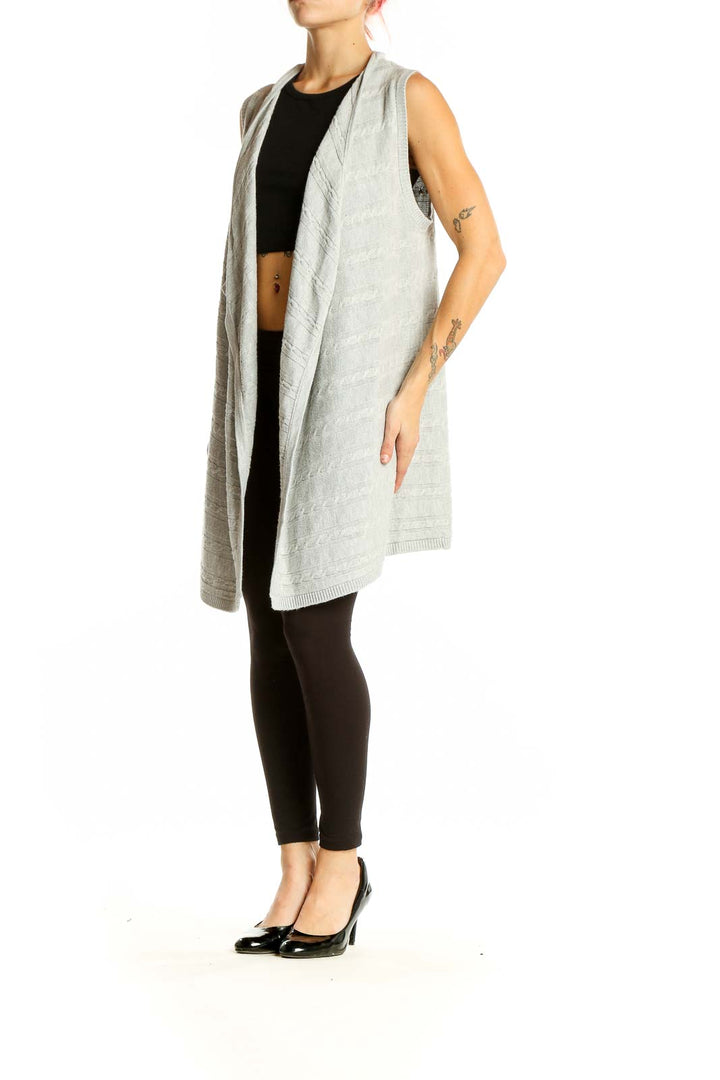 Front view of gray sleeveless open front knit cardigan by Talbots