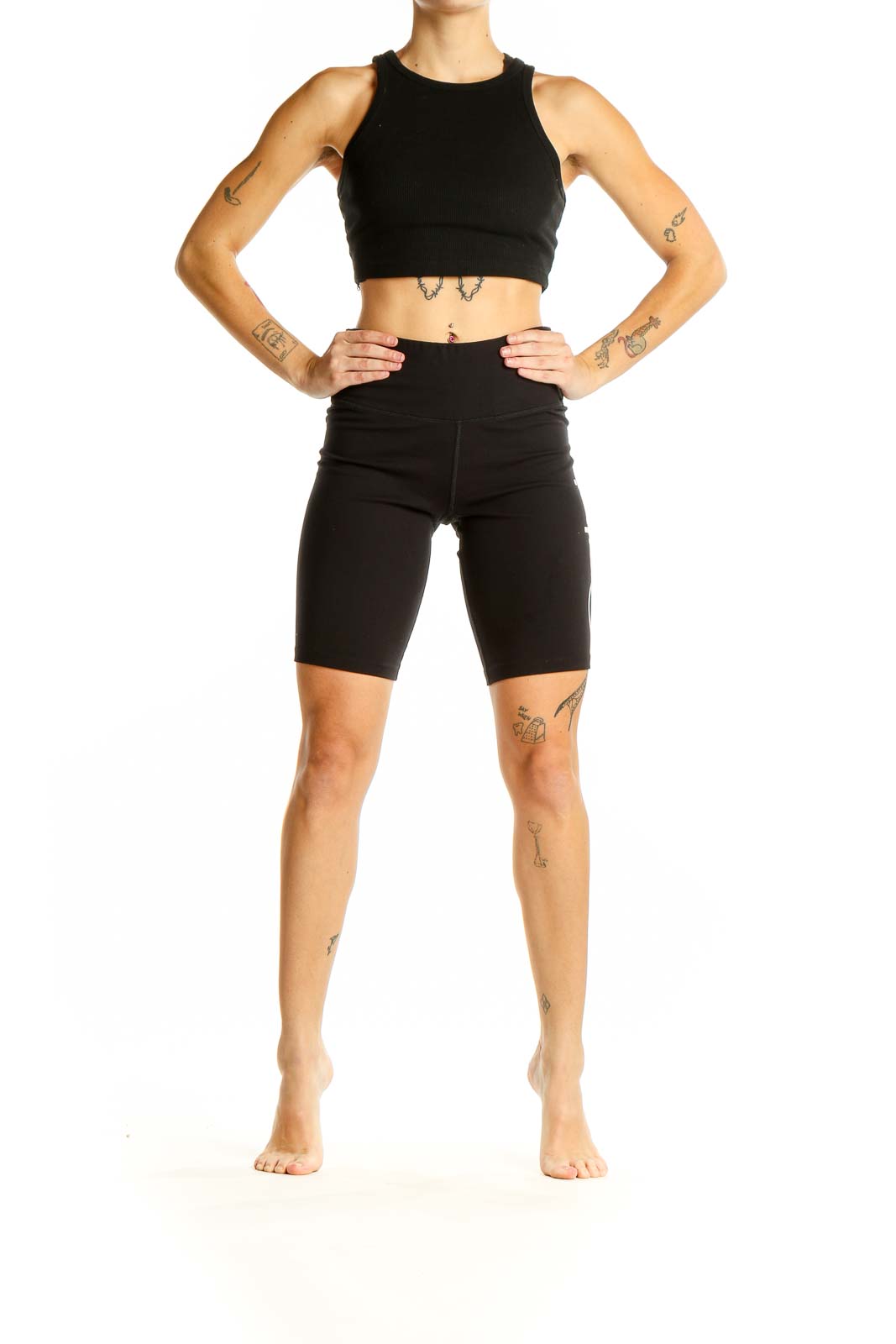 Front view of black high-waisted bike shorts by Calvin Klein Performance